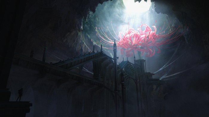 Giant Red Spider Lily in a Dark Cave with Ancient Architecture