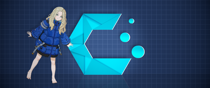 Anime girl in blue puffer jacket next to abstract logo