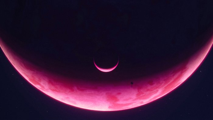 Pink planet and crescent moon in space