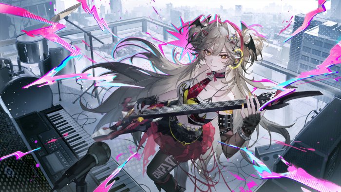 Anime girl playing guitar on rooftop with city background