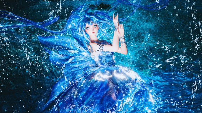 Anime girl with blue hair in a water dress