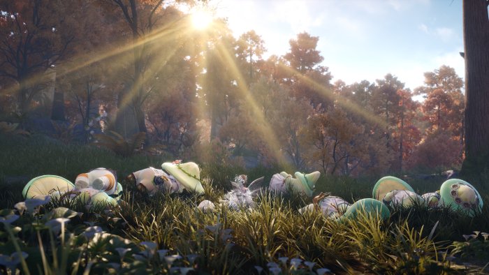 Fairy in a forest with mushroom-like creatures