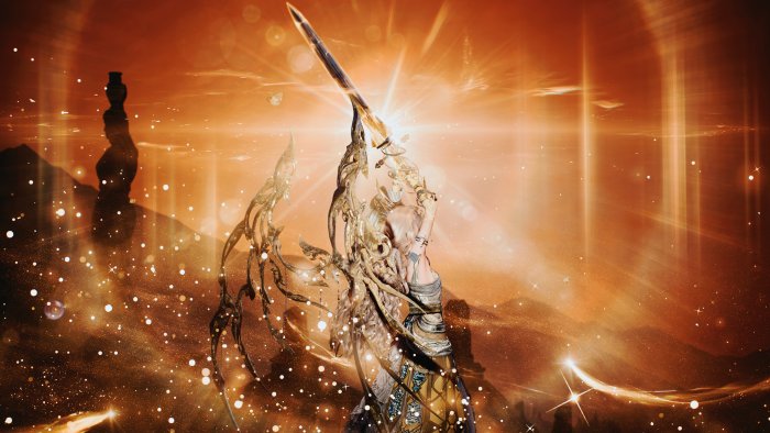 Fantasy warrior with glowing sword and ornate armor