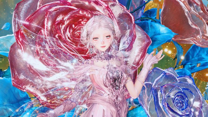 Anime Girl in Pink Dress Among Giant Roses