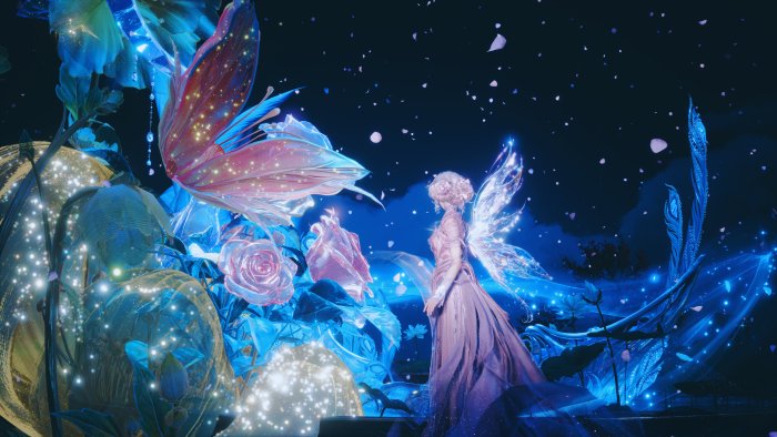 Fairy in a magical garden with glowing flowers
