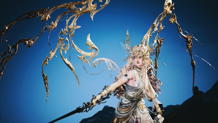 Fantasy woman with golden wings and sword