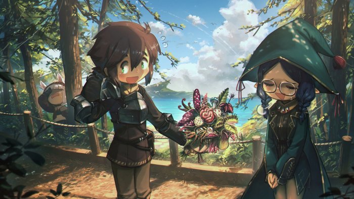 Anime characters giving a bouquet of carnivorous plants