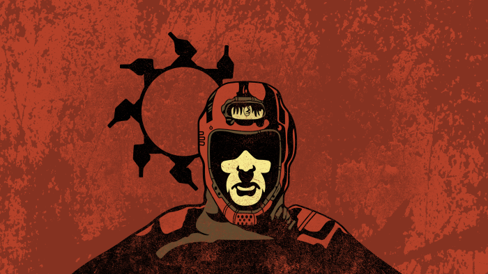 Man in Red Helmet with Black Sun Symbol