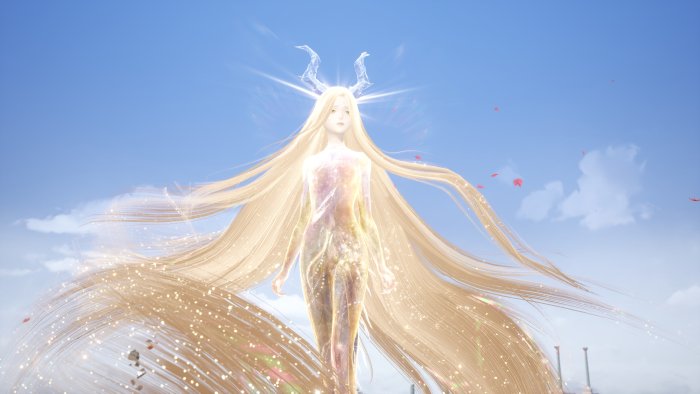 Glowing woman with long blonde hair and horns