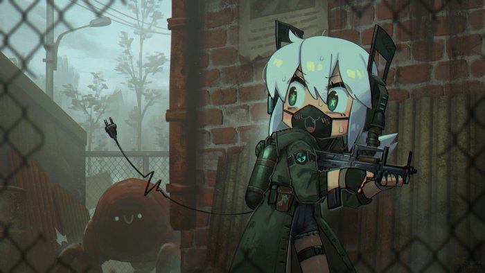 Anime girl with gun and creature in post-apocalyptic setting