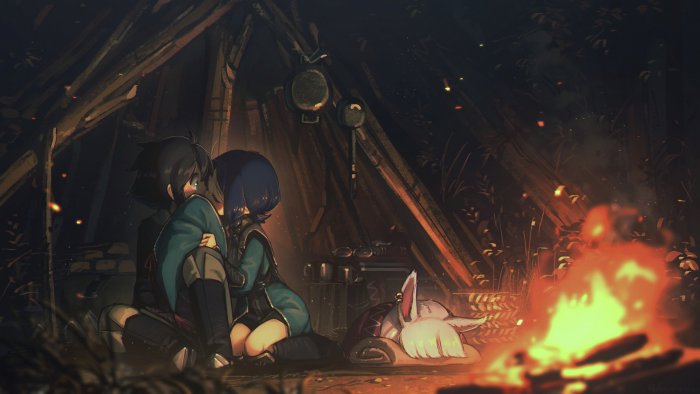 Anime couple sharing a moment by a campfire