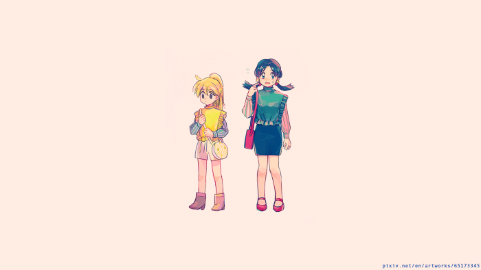 Two anime girls in stylish outfits