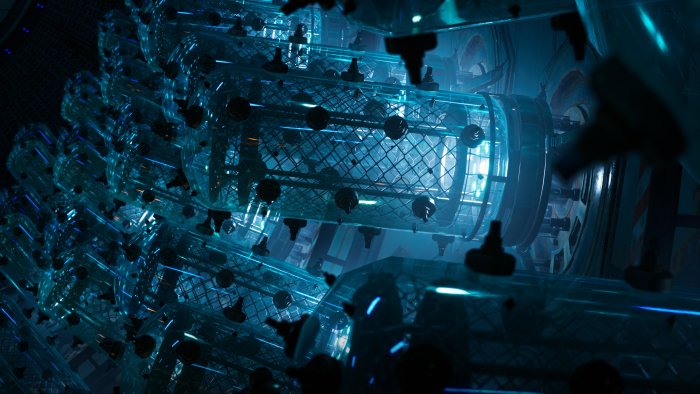 Futuristic laboratory with glowing blue tubes