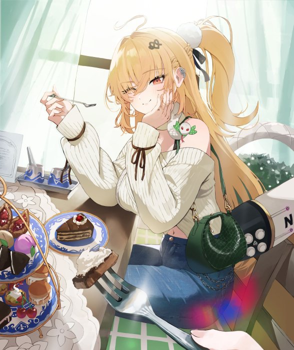 Anime girl enjoying a tea party with desserts