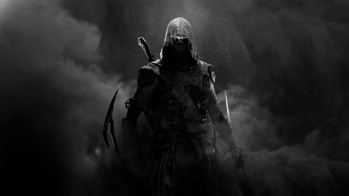 Dark hooded figure with scythe and sword