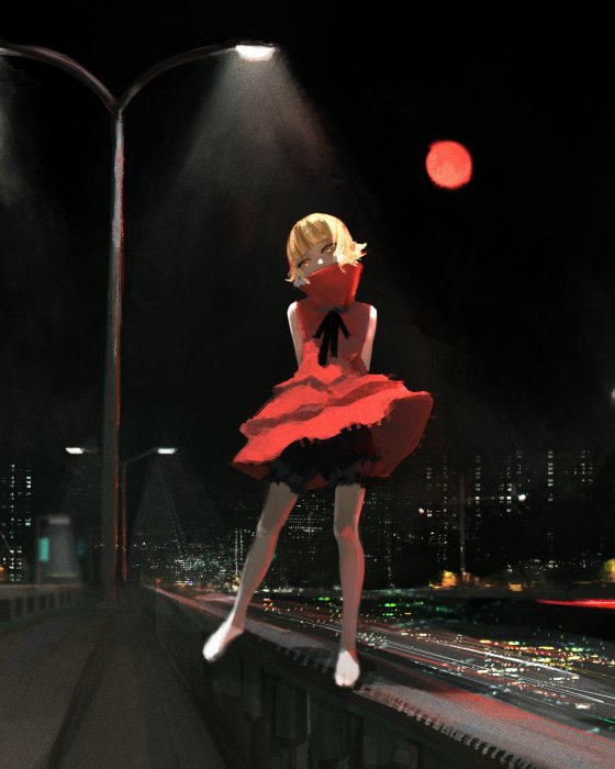 Girl in red dress on bridge at night