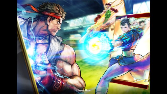 Street Fighter Ryu and Chun-Li clash with energy attacks
