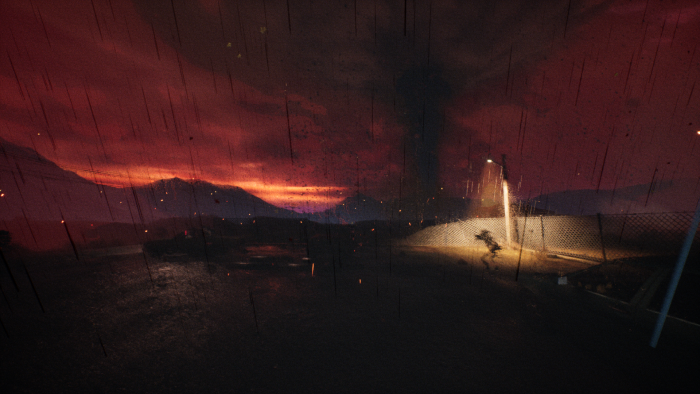 Dark apocalyptic landscape with stormy red sky