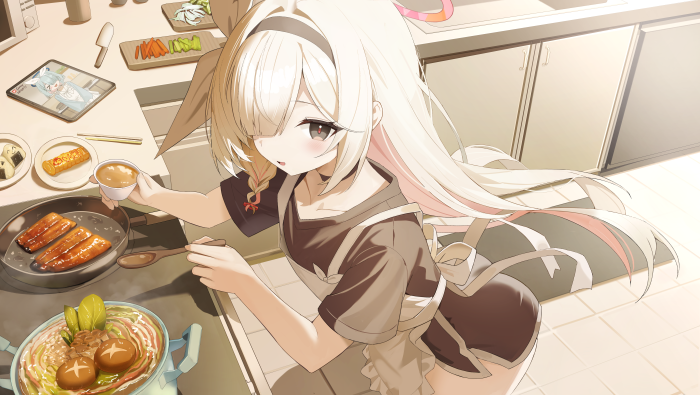 Anime girl cooking in a kitchen
