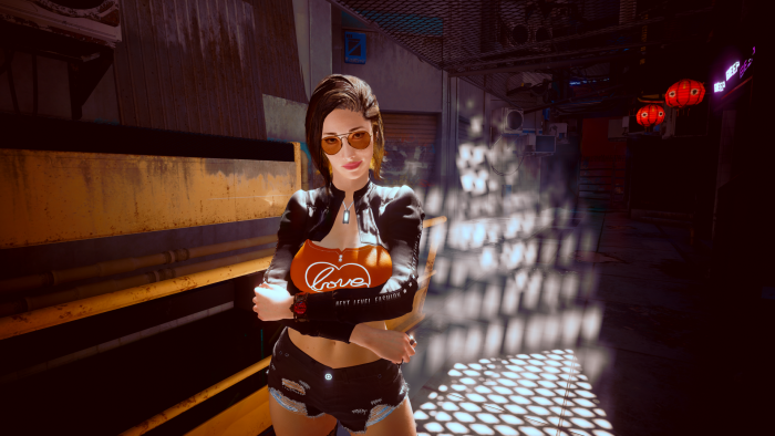 Woman in cyberpunk alley with love purse
