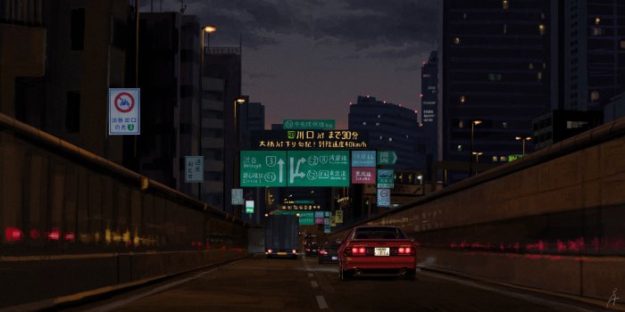 Anime night highway driving with red sports car