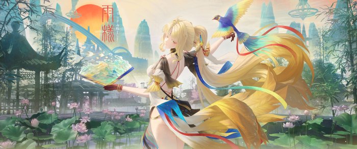 Anime Girl with Bird and Lotus Pond