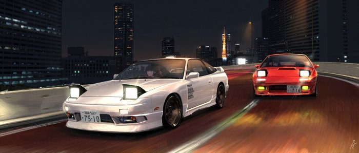 Anime girls racing cars in a city at night