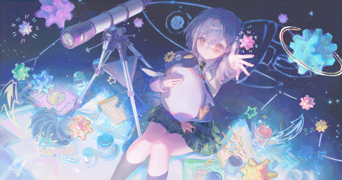 Anime girl with penguin plush and telescope in space