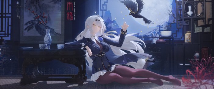 Anime girl in traditional Chinese room with a crow