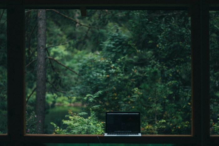 Laptop on a wooden surface overlooking a forest