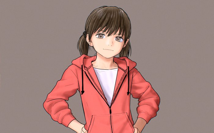 Anime girl with brown hair in a red hoodie