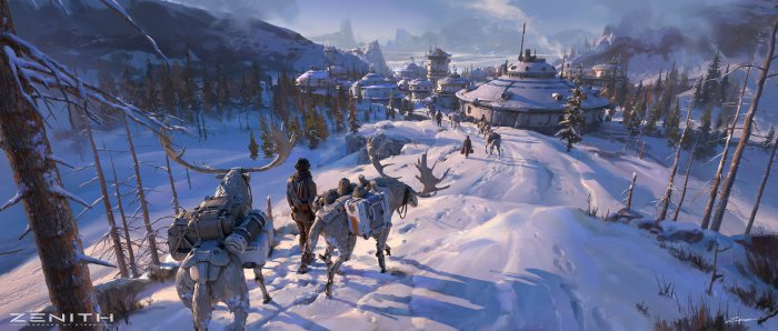 Zenith Caravan of Stars sci-fi settlement in snowy mountains
