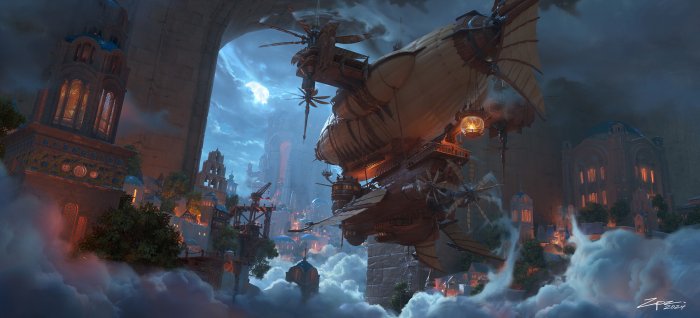 Steampunk Airship Over a Fantasy City at Night