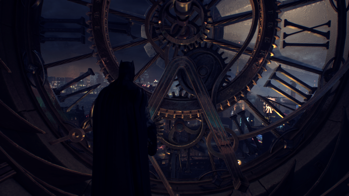 Batman in front of a large clock mechanism