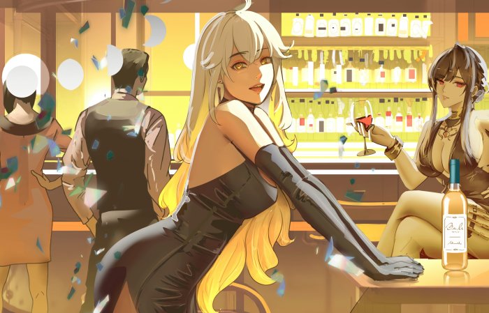 Anime women at a bar with drinks and confetti