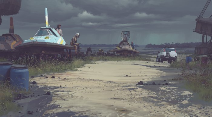 Post-apocalyptic scene with futuristic vehicles and people