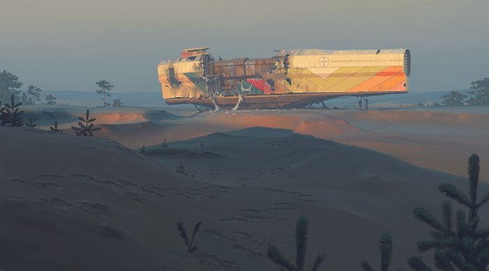 Shipwrecked cargo ship in a desert landscape