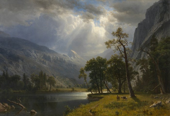Painting of a majestic mountain valley with a lake