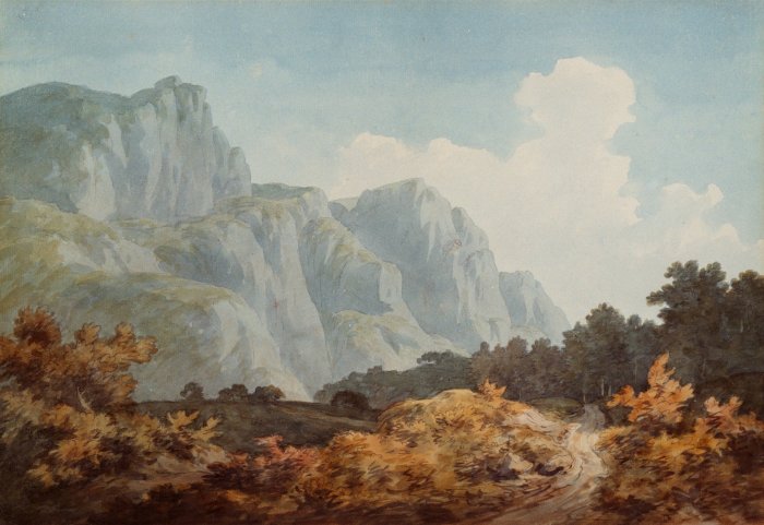 Mountain landscape with trees and clouds