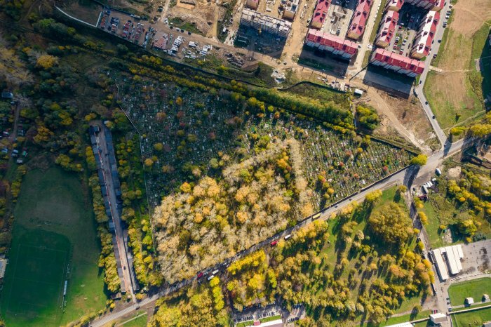 Aerial view of a cemetery and urban development