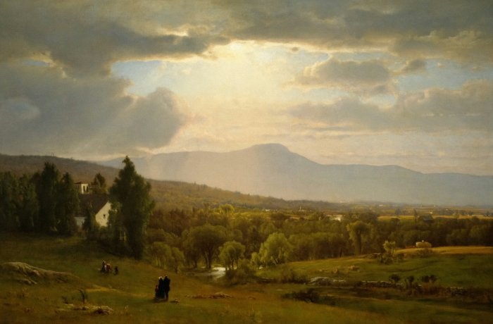 Painting of a valley with mountains and people