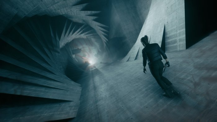Jesse Faden in a surreal concrete environment from Control