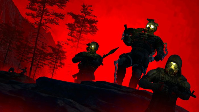 Soldiers in gas masks in a red, smoky forest