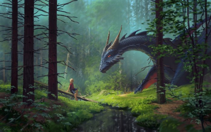 Boy encounters a dragon in a misty forest