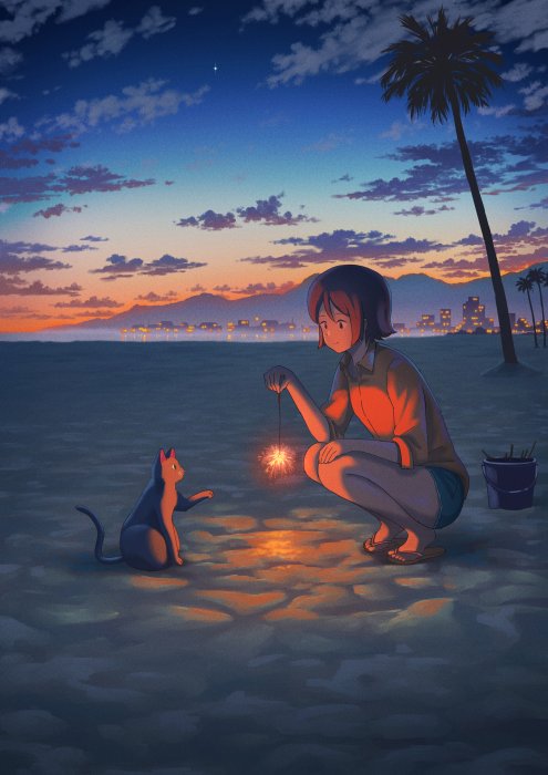 Girl and cat with sparkler at sunset beach