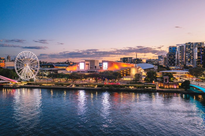 Brisbane Cityscape at Dusk with Ferris Wheel and River