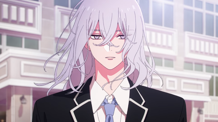 Anime character with long white hair in a suit