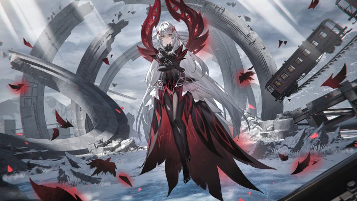 Anime girl with red wings in a ruined landscape