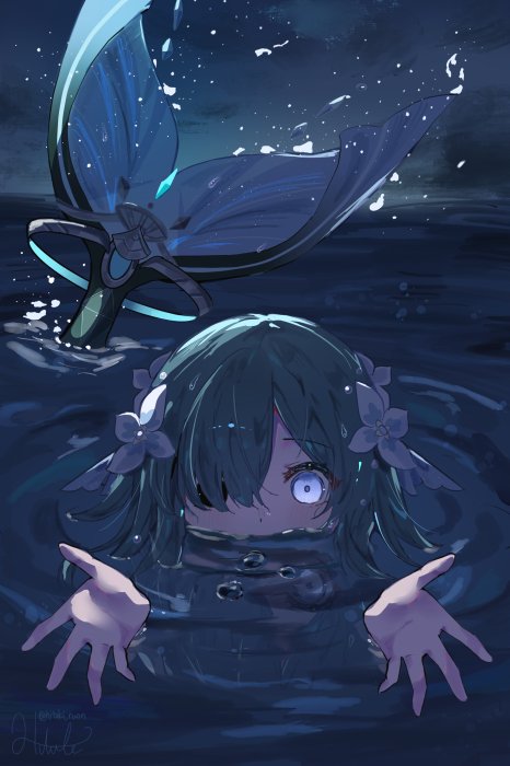 Anime girl in dark water with a blue butterfly