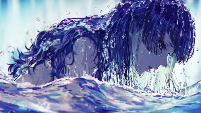 Anime girl with blue hair in water